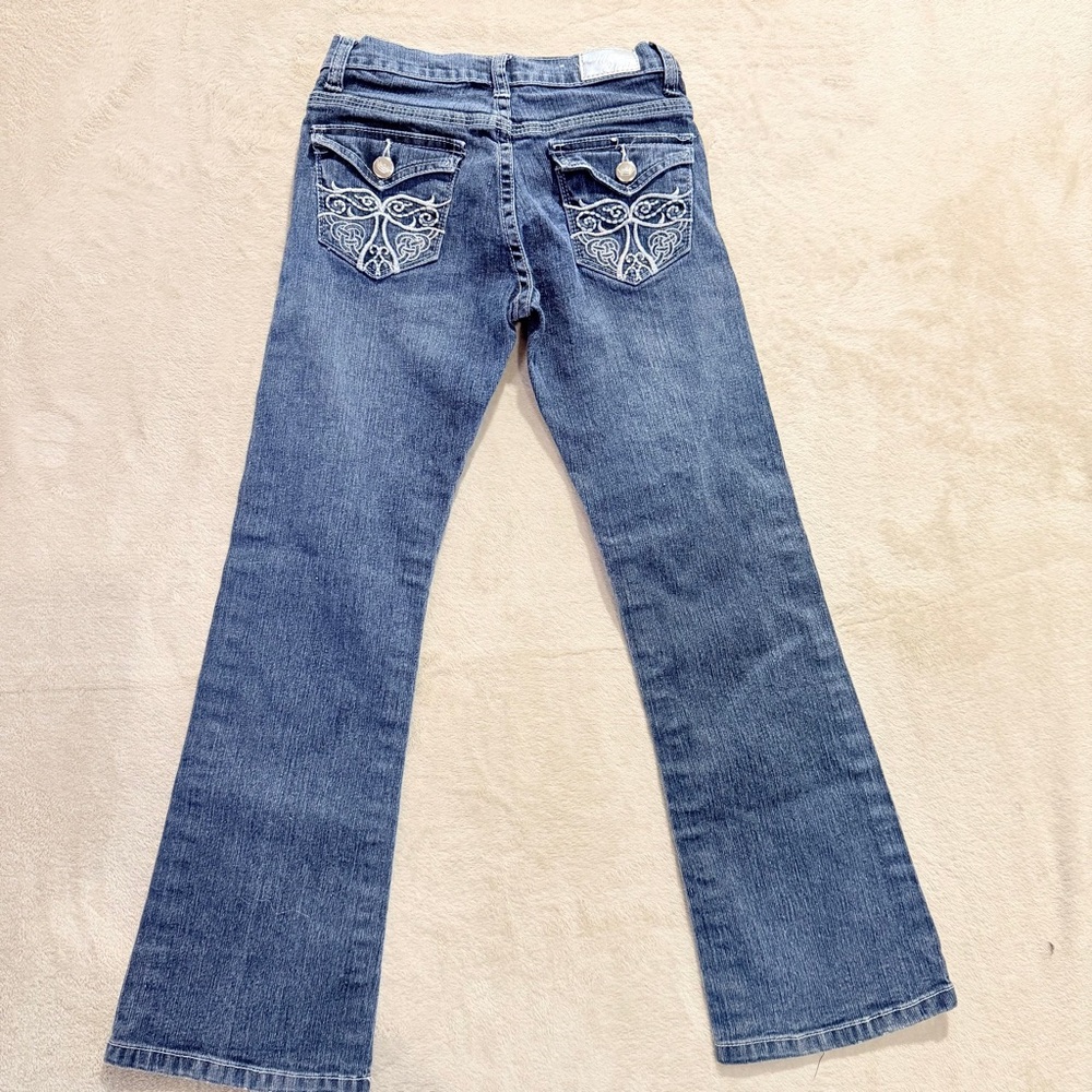 Old Skool Y2K Embroidered Pockets Classic Blue Semi Flare Girls Jeans Size 8‎